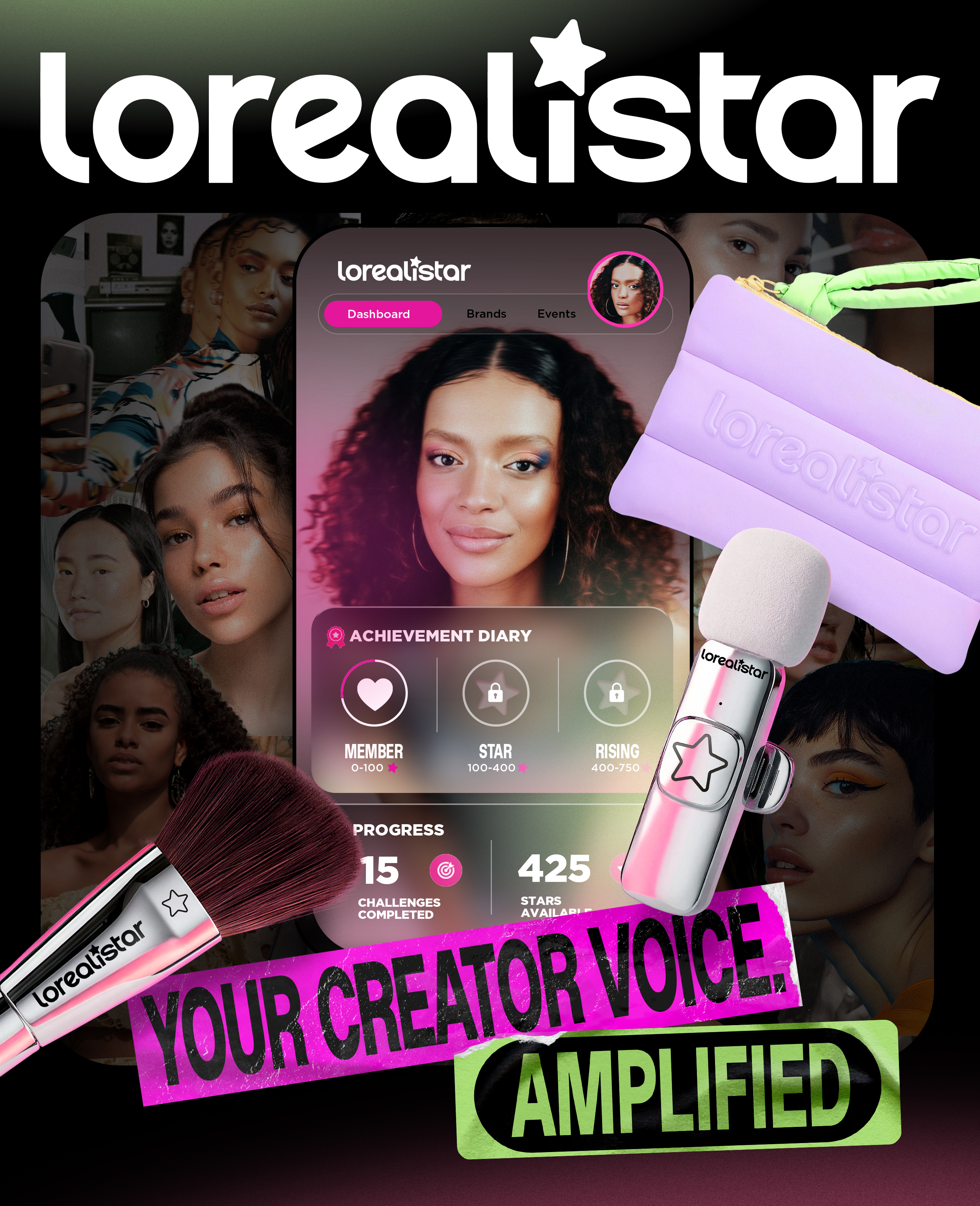 The Lorealistar creator app showing missions, stars and progress